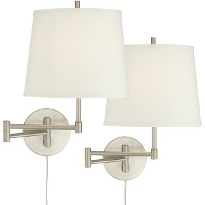 360 Lighting Oray Modern Swing Arm Wall Lamps Set of 2 Brushed Nickel Plug-in Light Fixture Off White Cotton Drum Shade for Bedroom Living Room House - 1 of 4