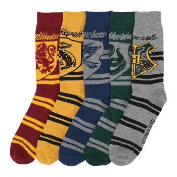 Harry Potter Hogwarts House Crests on Varsity Stripes Men's Casual Crew Socks (5 Pairs)