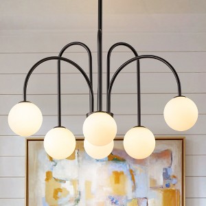 Rennnsan Fermon 30" W 6 -Light Milk Glass Dimmable Contemporary Sputnik Chandelier in Brass & Matte Black - 1 of 4