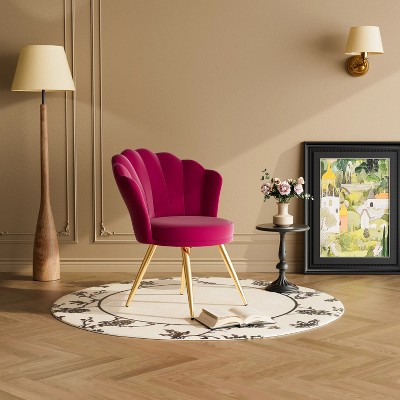 Dark Pink velvet decorative chair with gold metal legs, powder room vanity chair, living room upholstered guest chair