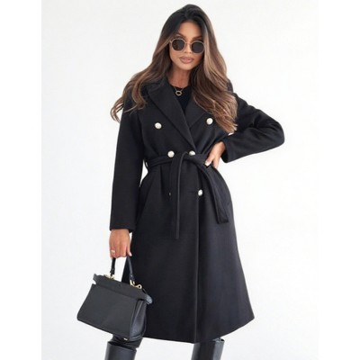 Women Elegant Double Breasted Trench Coat Notched Collar Overcoat with Belt Classic Jacket Fall Winter