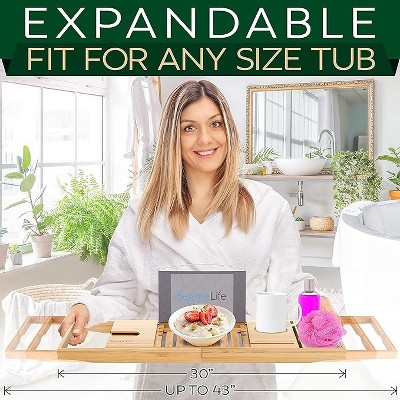 Adjustable Natural Bamboo Bathtub Caddy Tray with Wine Holder