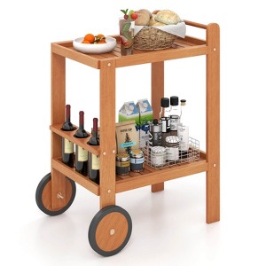 Costway 2-Tier Acacia Rolling Kitchen Trolley Cart Dining Serving Cart Outdoor w/ Wheels - 1 of 4