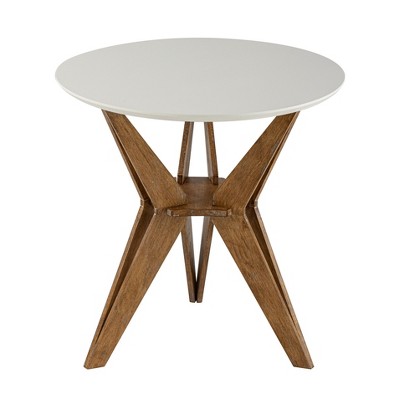 JIONJOY Distressed Wood Side Table with Crisscross Base - Farmhouse Round End Table with White Top for Living Room, Office