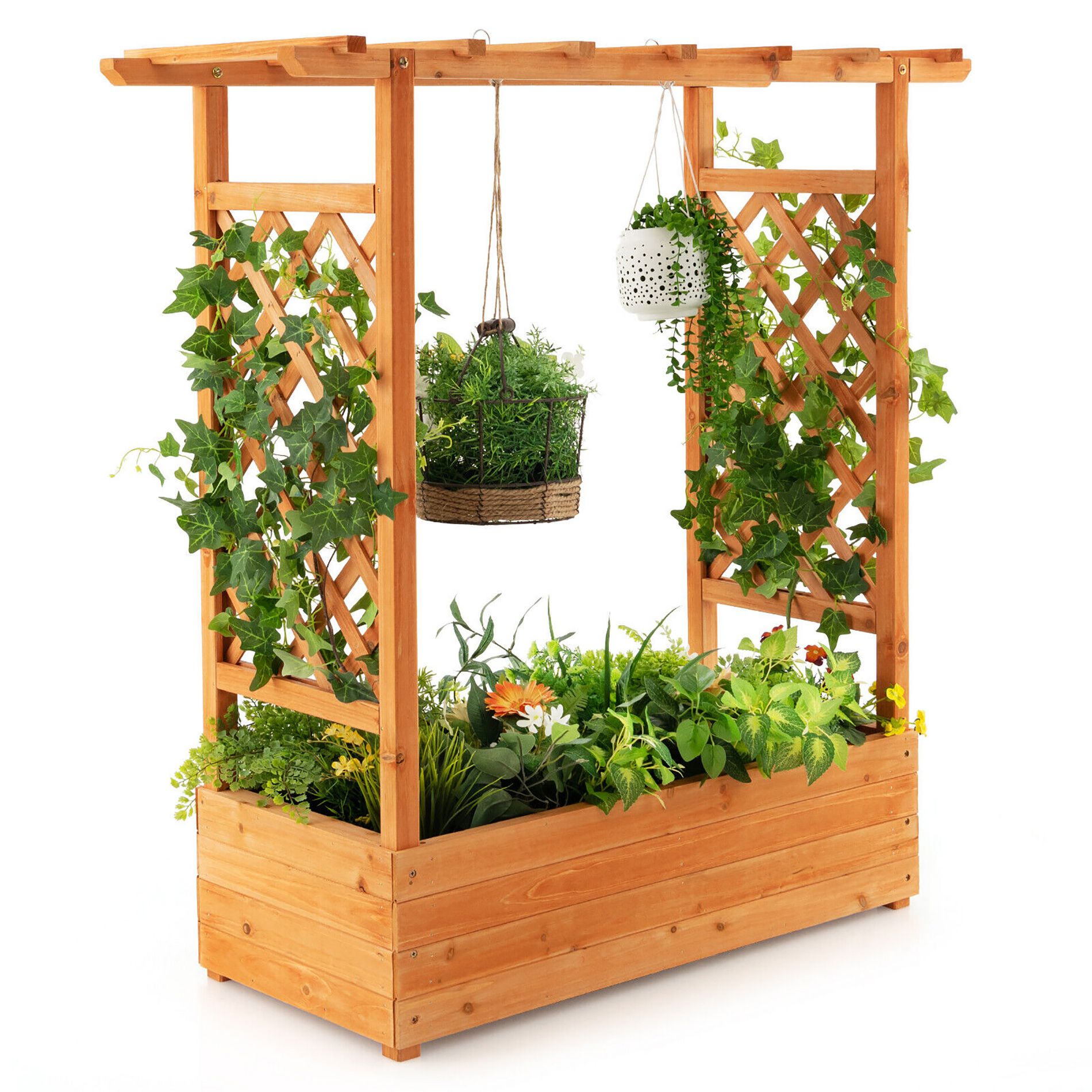 Tangkula Raised Garden Bed Planter Box w/ Side & Top Trellis for Vine Climbing Plants