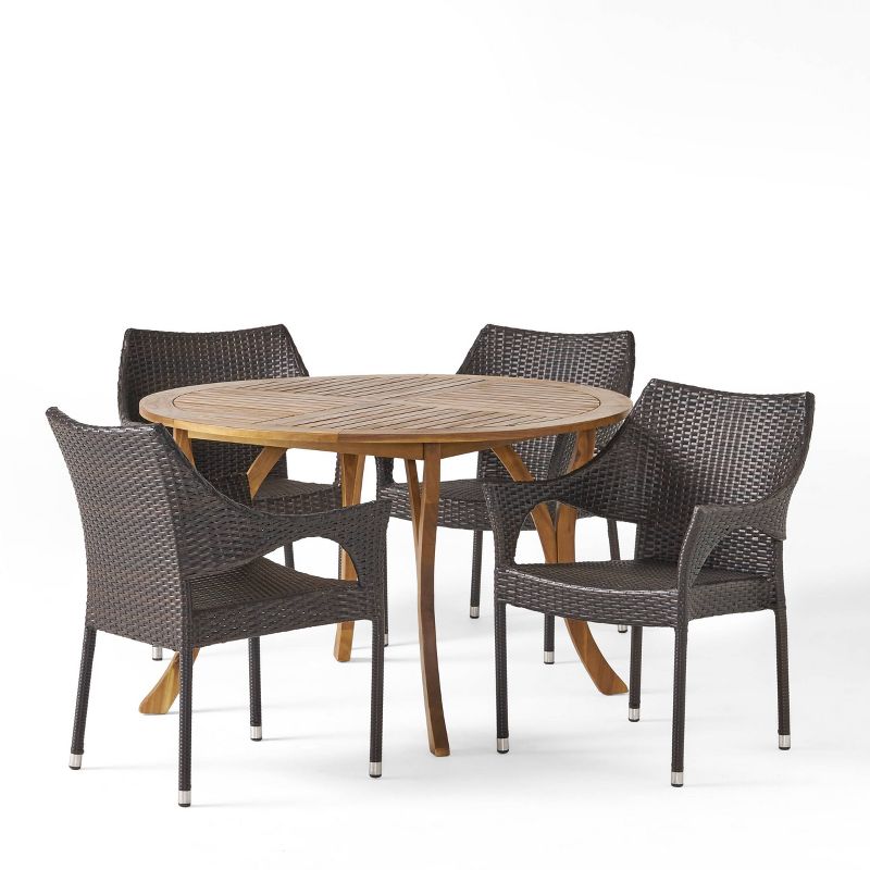 Laurent 5pc Outdoor Dining Set - Acacia Wood & Wicker, Teak/Brown, Stackable Chairs, Weather Resistant - Christopher Knight Home, 3 of 9