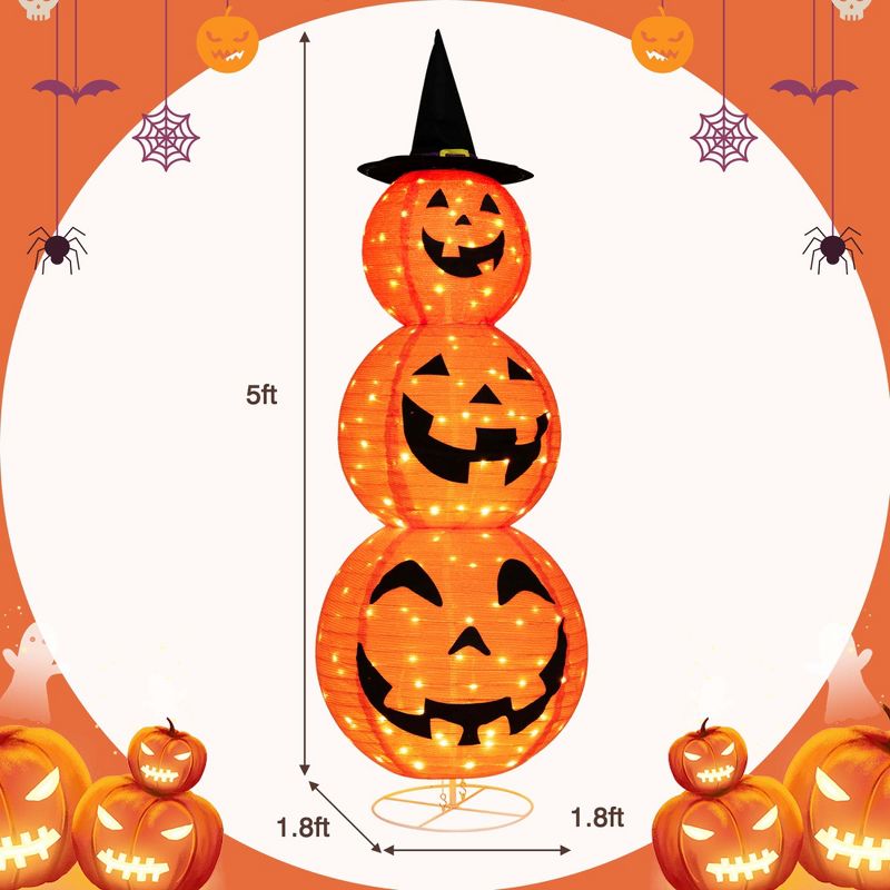 Costway 5 FT Halloween Pumpkin Decoration Triple Stacked Pre-Lit Combo w/ Witch Hat, 3 of 11