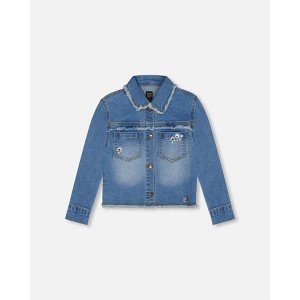 Deux par Deux Girl Frayed Denim Jacket with Embroidery Jeans - 1 of 4