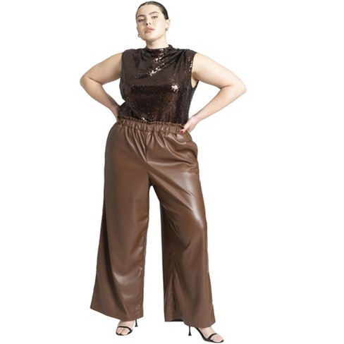 ELOQUII Women's Plus Size Wide Leg Leather Pants, 28 - Potting Soil