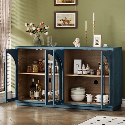 TIRAMISUBEST Navy Blue 4-Door Storage Cabinet with Glass Doors - Rolling Buffet Sideboard for Living Room & Office