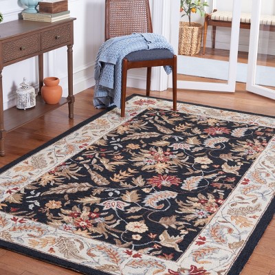Black Floral Hand-Hooked Wool Area Rug with Ivory Border