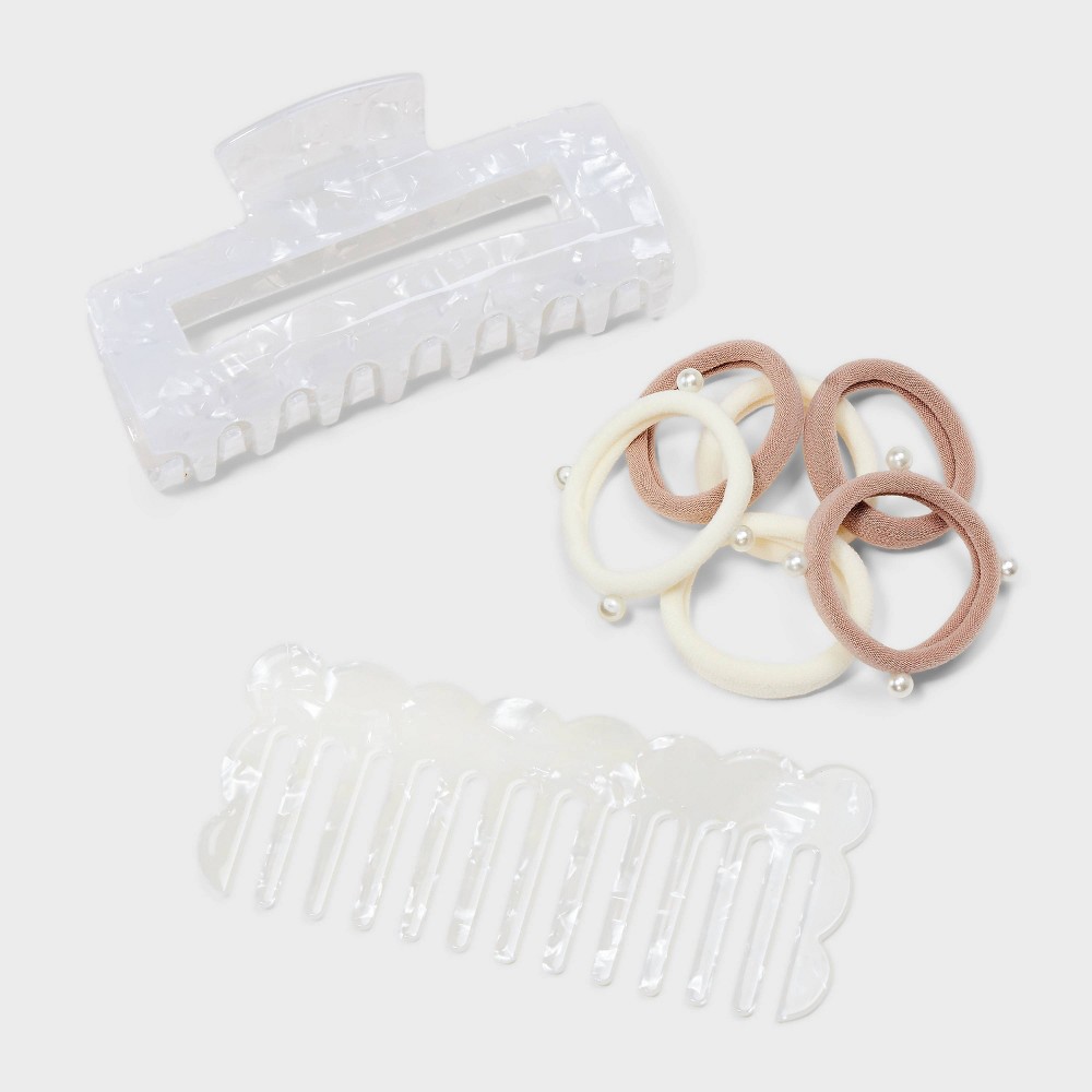 Women's Comb, Hair Ties and Claw Hair Clip Set 8pc - A New Day™ Ivory