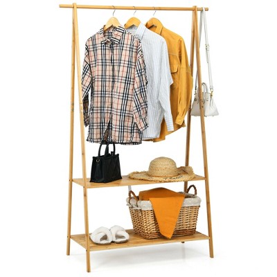 Costway Bamboo Garment Rack Clothes Hanging Rack w/2-Tier Storage Shelf Entryway Bedroom
