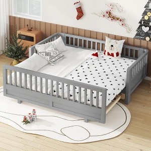 KWPZQEB Platform Bed for Kids, Solid Wood Bed Frame with Safety Guardrails and Trundle, Montessori Floor Bed for Girls & Boys - 1 of 4