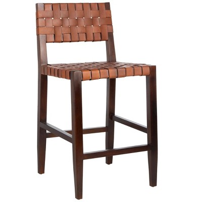 Cognac Woven Leather and Walnut Counter Stool