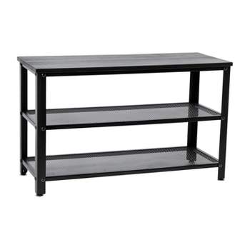 Flash Furniture Easton 3-Tier Wooden Entryway Bench with Metal Mesh Shoe Storage Shelves for Entryway, Mudroom, or Bedroom