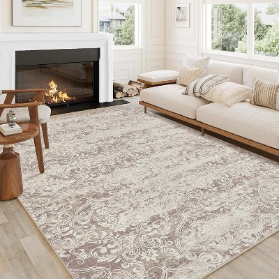 Neutral Area Rug 8x10 Living Room Rugs, Soft Vintage Damask Distressed Large Rugs for Bedroom Boho Abstract Indoor Floor Carpet, Low Pile, Taupe