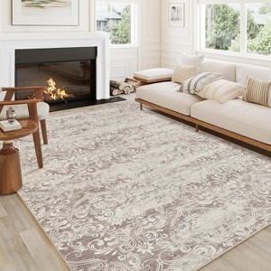 Neutral Area Rug 8x10 Living Room Rugs, Soft Vintage Damask Distressed Large Rugs for Bedroom Boho Abstract Indoor Floor Carpet, Low Pile, Taupe - 1 of 4
