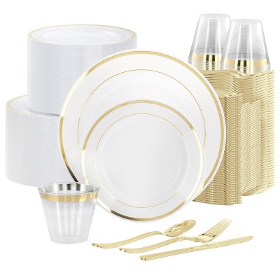 Elama 150 Piece Disposable Plastic Dinnerware Party Set for 25 Guests in White with Silver Trim