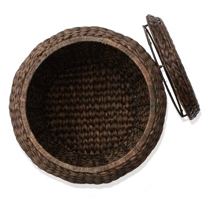 Espresso Round Handwoven Water Hyacinth Storage Basket with Lid