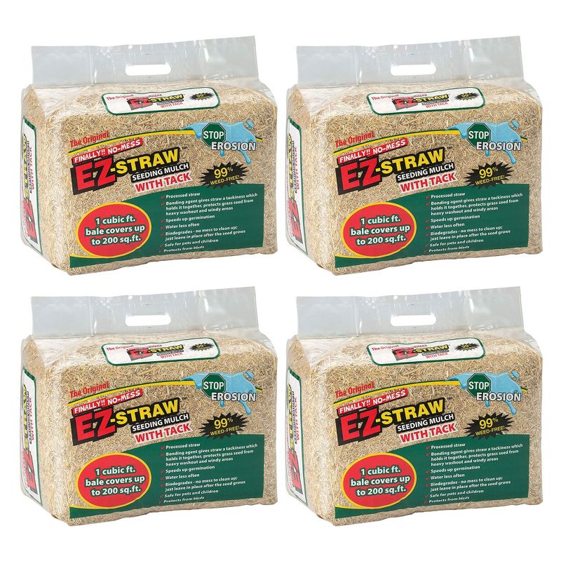 Rhino Seed EZ Straw 1 Cubic Foot Seeding Mulch Premium Processed Straw Bale with Tackifier and 200 Square Feet of Coverage (4 Pack), 1 of 7