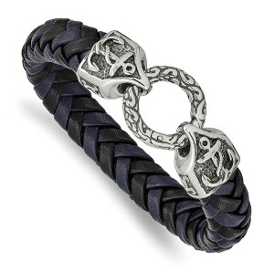 Black Bow Jewelry Stainless Steel Black/Blue Leather Antiqued Anchor Bracelet, 8.25 Inch - 1 of 4