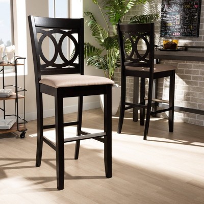 Set of 2 Sand Upholstered Oak Bar Stools with Espresso Finish
