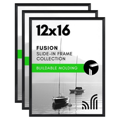 Americanflat 12x16 Picture Frame with Polished Front Cover, Set of 3, Slide-In Photo Frame with Buildable Molding, Fusion Collection, Black