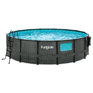 Funsicle 16' x 48" Crystal Vue Oasis Round Frame Above Ground Outdoor Swimming Pool Set with SkimmerPlus Filter Pump, Dark Herringbone - 1 of 4