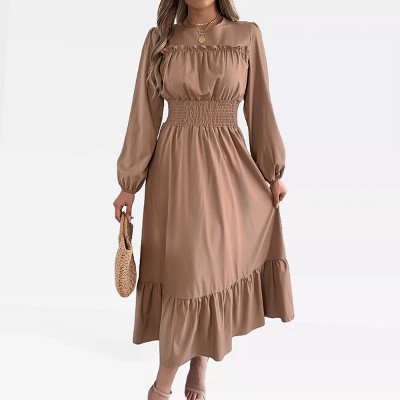 Womens Fall Dress Long Sleeve Ruffle Maixi Dress Keyhole Back Lantern Sleeve Crew Neck Smocked Dress Flounce Hem Flowy Solid Peasant Dress