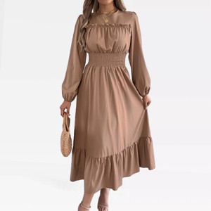 Womens Fall Dress Long Sleeve Ruffle Maixi Dress Keyhole Back Lantern Sleeve Crew Neck Smocked Dress Flounce Hem Flowy Solid Peasant Dress - 1 of 4
