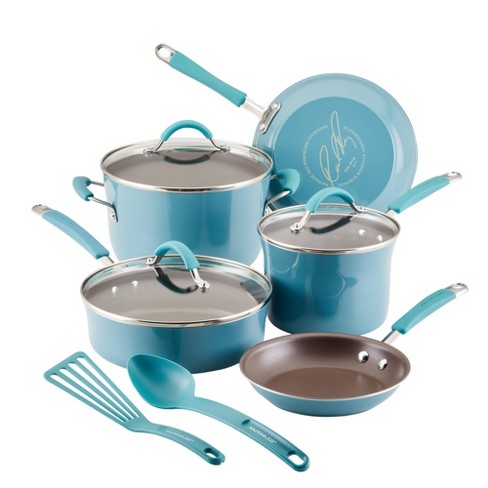 Rachael Ray Cucina 10pc Porcelain Enamel Nonstick Cookware Set Agave Blue
