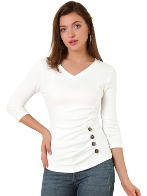 INSPIRE CHIC Women's V Neck 3/4 Sleeves Solid Knitted Buttons Decor Ruched Blouse