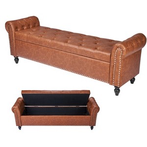 VEVOR Button-Tufted Storage Ottoman Bench, Rolled Arm PU Leather Bench with Solid Wood Legs, Upholstered End of Bed Benches, Brown - 1 of 4