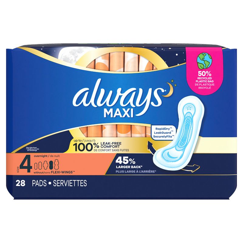 Always Maxi Pads Overnight Absorbency Unscented without Wings - Size 4 - 28ct, 2 of 12