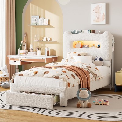 Twin Bed Frame with 2-Tier Storage Headboard, LED Platform Bed with Charging Station and Drawer,No Box Spring Needed