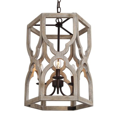 LNC Quaint 3-Light 15.5" Farmhouse Lantern Small Chandelier, Antique Bronze and Distressed White Wood