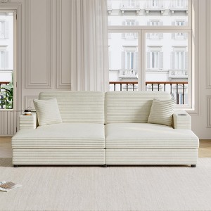 86.5"W Oversized Loveseat, Corduroy Chaise Lounge Sofa with 2 USB Ports, 2 Cup Holders and 2 Throw Pillows - ModernLuxe - 1 of 4