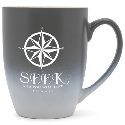 Elanze Designs Seek And You Will Find Matthew 7:7 Two Toned Ombre Matte Grey and White 12 ounce Ceramic Stoneware Coffee Cup Mug