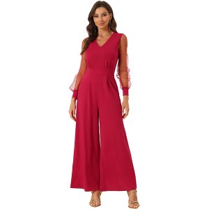 Allegra K Women's Elegant V Neck Mesh Long Sleeve Loose Wide Leg Party Jumpsuits - 1 of 4