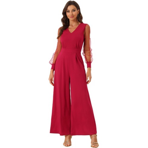 Allegra K Women's Elegant V Neck Mesh Long Sleeve Loose Wide Leg Party  Jumpsuits Red X-Large