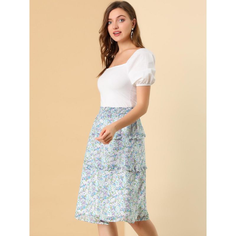 Allegra K Women's Floral Print Smocked Elastic Waist Knee Length Flowy Tiered Ruffle Skirt, 4 of 7