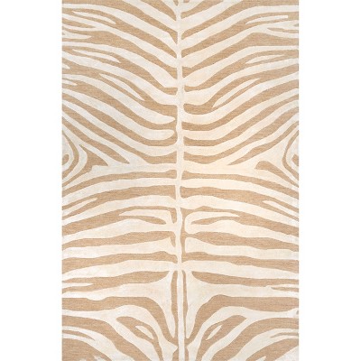 Tan and Off-White Handmade Tufted Wool Zebra Rug, 5' x 8'