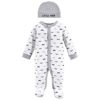 Luvable Friends Baby Boy Cotton Preemie Snap Sleep and Play and Cap 2pc Set, Mustache, Preemie