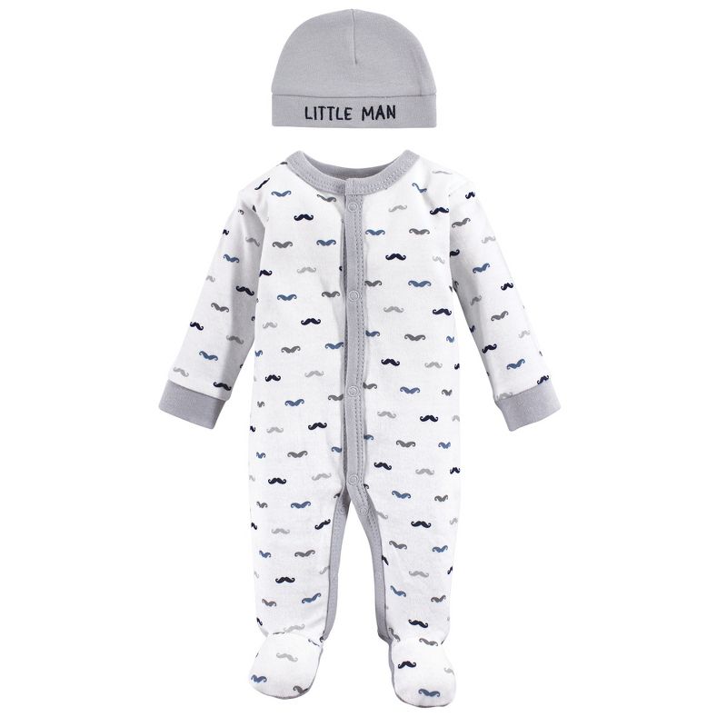 Luvable Friends Baby Boy Cotton Preemie Snap Sleep and Play and Cap 2pc Set, Mustache, Preemie, 1 of 3