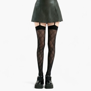 Anna-Kaci Women's Sheer Plaid Pattern Thigh High Tights with Elastic Band Top and Garter Style Detail - Black - 1 of 4