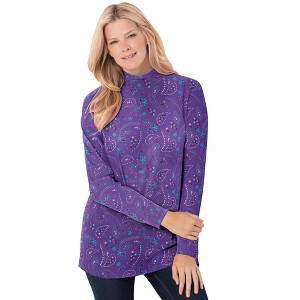 Woman Within Plus Size Perfect Printed Long-Sleeve Mockneck Tee - 1 of 4