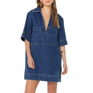 Imily Bela Womens Denim Shirt Dress Collared V Neck Mini Casual Jean Dresses with Pockets - 1 of 4