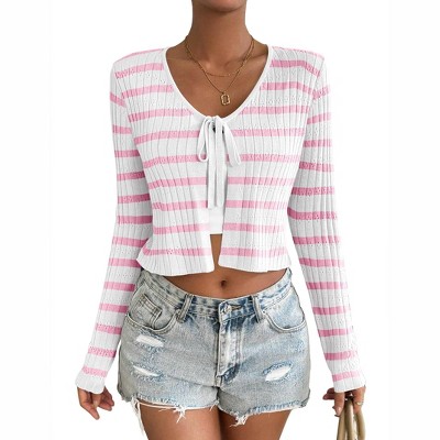 Womens Tie Front Cropped Cardigian V Neck Long Sleeve Stripes Tiny Eyelet Knit Sweater Cardigan