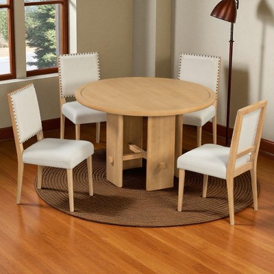 5-Piece Round Dining Table Set with 4 Upholstered Chairs, Wood Base, Modern Farmhouse Dining Set for Kitchen or Dining Room